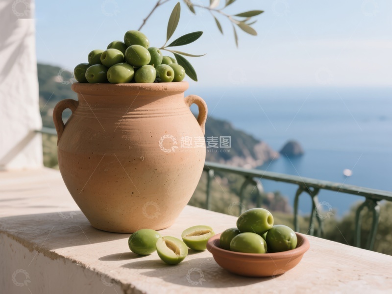 高清大图下载【趣麦麦图】陶罐中的绿橄榄与海景