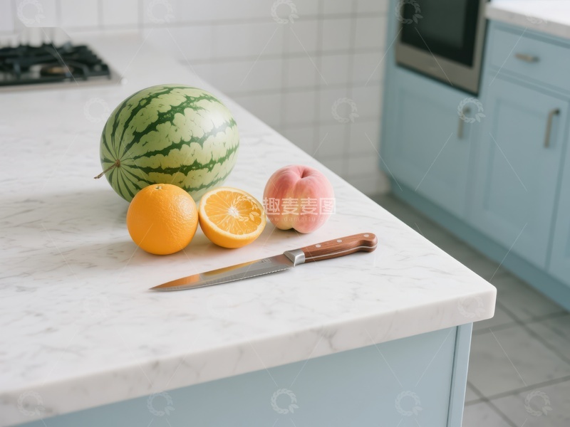高清大图下载【趣麦麦图】厨房台面上的水果与刀具