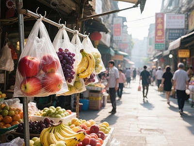 街头水果摊，行人穿梭