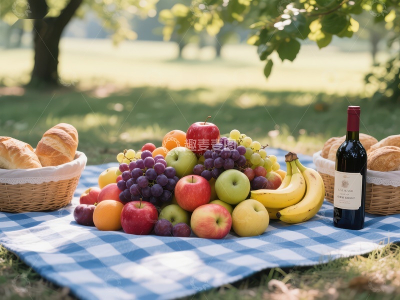 高清大图下载【趣麦麦图】户外野餐布置，水果面包与红酒