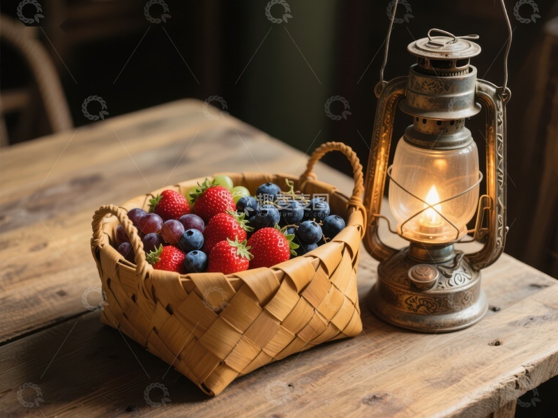 高清大图下载【趣麦麦图】篮子中的新鲜浆果与复古油灯
