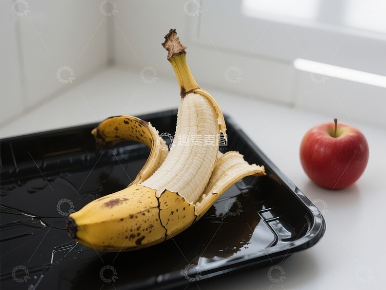 剥开的香蕉与红苹果