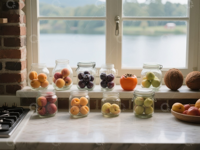 高清大图下载【趣麦麦图】窗边摆放的各式水果罐