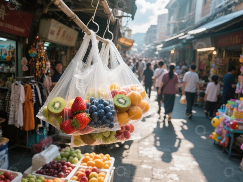 街头市场水果袋，行人穿梭
