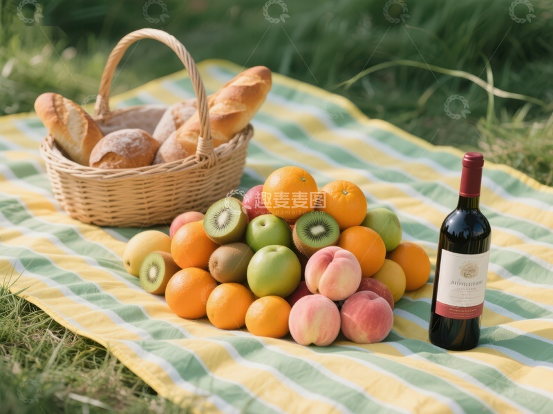 高清大图下载【趣麦麦图】野餐布上的水果面包与红酒