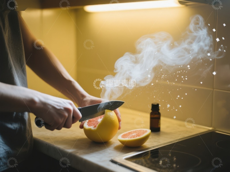 高清大图下载【趣麦麦图】厨房中切割柚子产生烟雾