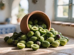 陶瓷罐倾倒的青橄榄