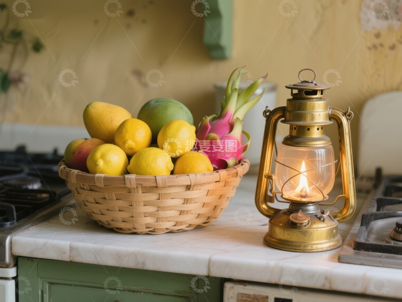高清大图下载【趣麦麦图】厨房台面上的水果篮与油灯
