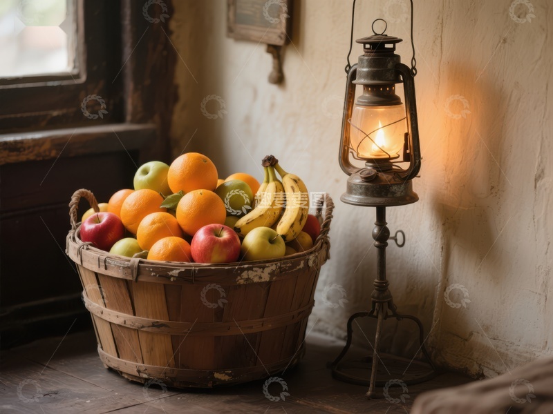 高清大图下载【趣麦麦图】温馨角落的水果篮与复古油灯