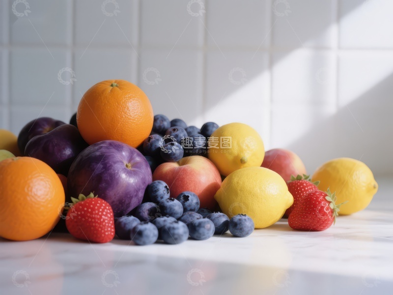 高清大图下载【趣麦麦图】新鲜水果堆叠在白色台面上