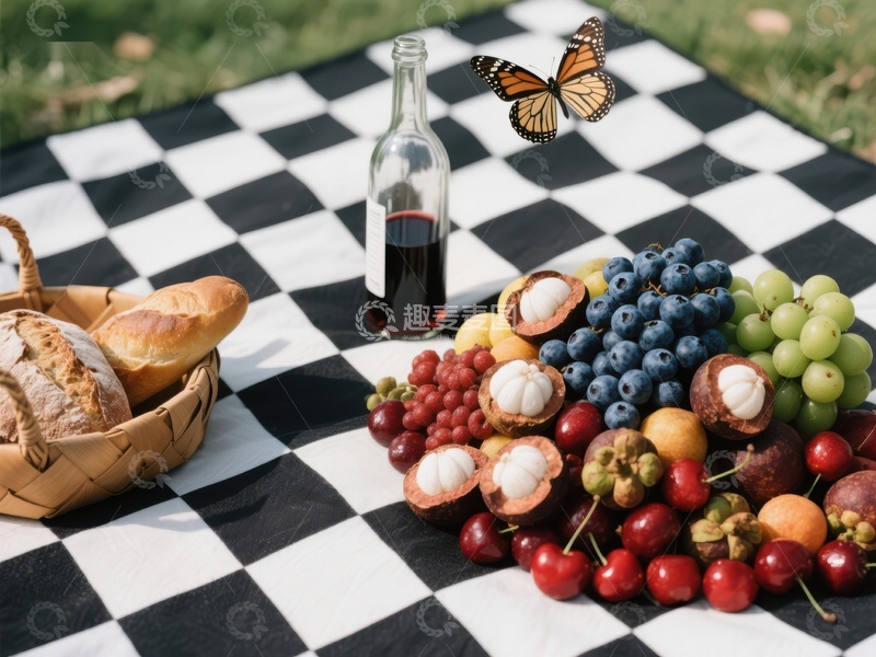 高清大图下载【趣麦麦图】户外野餐布置，水果面包与酒