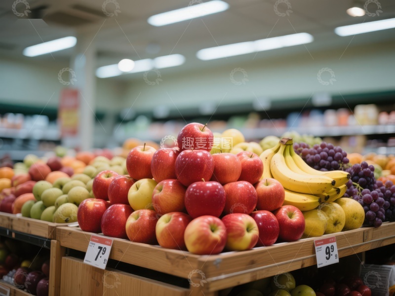 高清大图下载【趣麦麦图】超市水果区展示新鲜苹果和香蕉