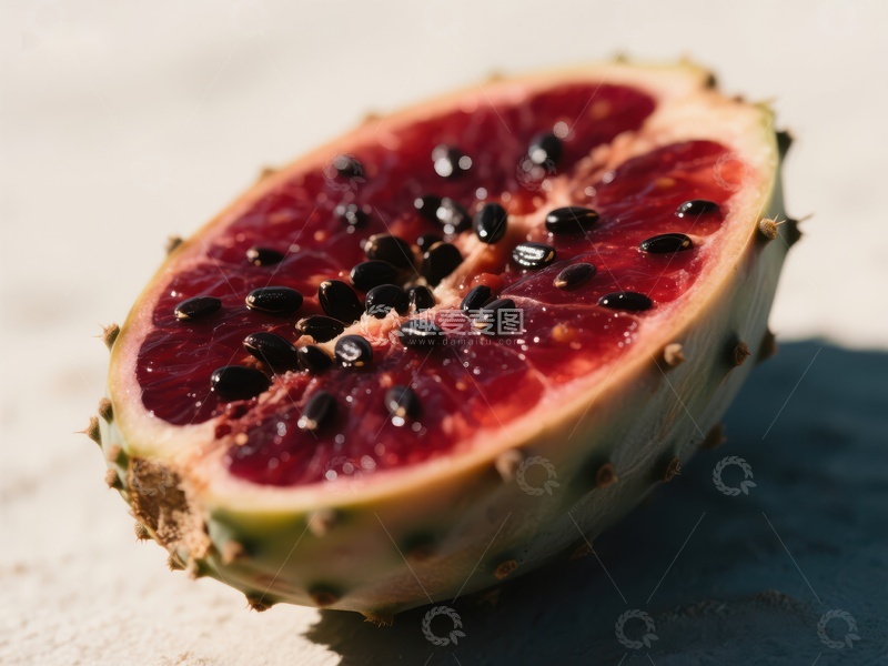 高清大图下载【趣麦麦图】切开的火龙果，展示鲜艳红色果肉和黑色种子