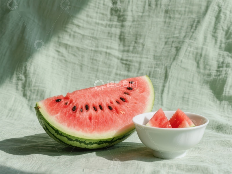 高清大图下载【趣麦麦图】西瓜切片与碗装小块，清新布艺背景