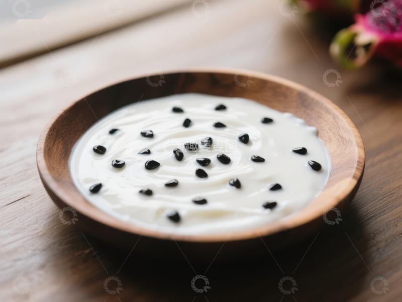 高清大图下载【趣麦麦图】木碗中的酸奶与黑芝麻