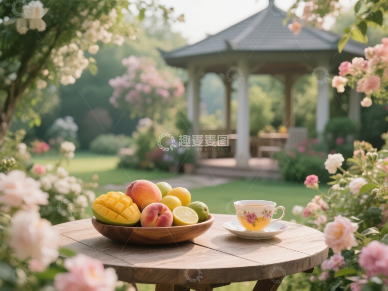 高清大图下载【趣麦麦图】-花园凉亭旁的水果与茶
