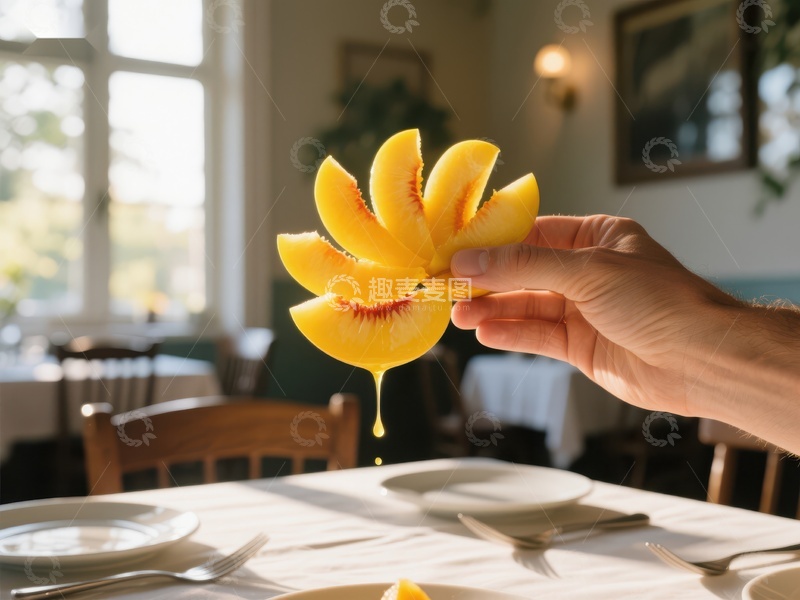 高清大图下载【趣麦麦图】手握切片水果，餐厅内温馨场景