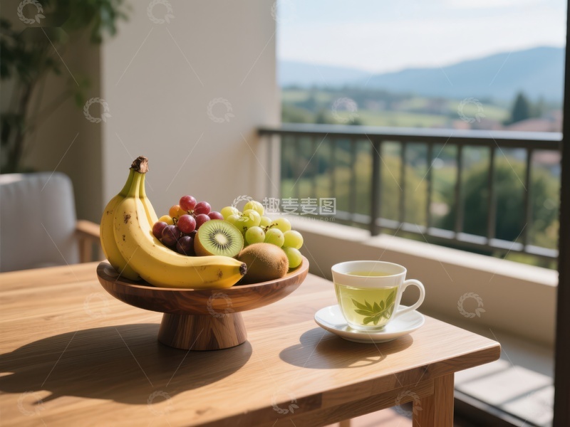 高清大图下载【趣麦麦图】阳台上的水果与茶杯