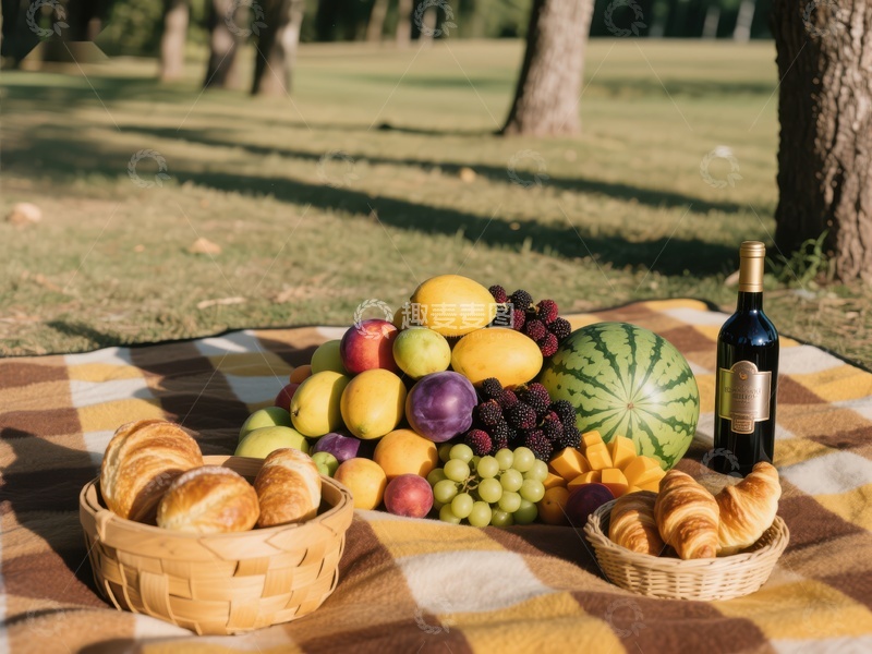 高清大图下载【趣麦麦图】户外野餐布置，水果面包与红酒