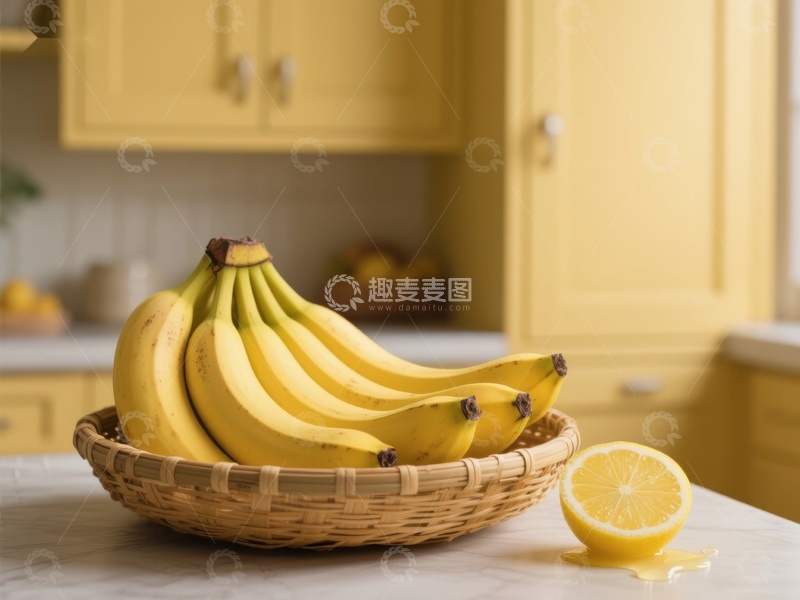 高清大图下载【趣麦麦图】厨房台面上的香蕉与柠檬