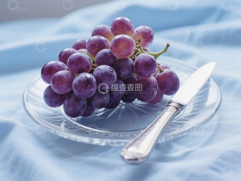 高清大图下载【趣麦麦图】紫葡萄与刀具置于玻璃盘上