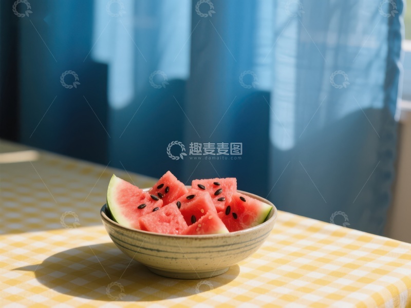 高清大图下载【趣麦麦图】碗中切块西瓜，阳光洒落餐桌