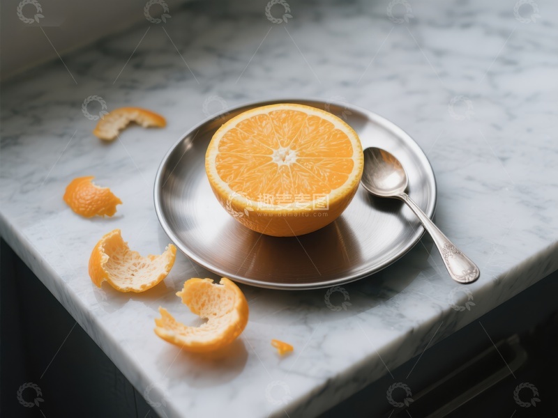 高清大图下载【趣麦麦图】切开的橙子置于金属盘上