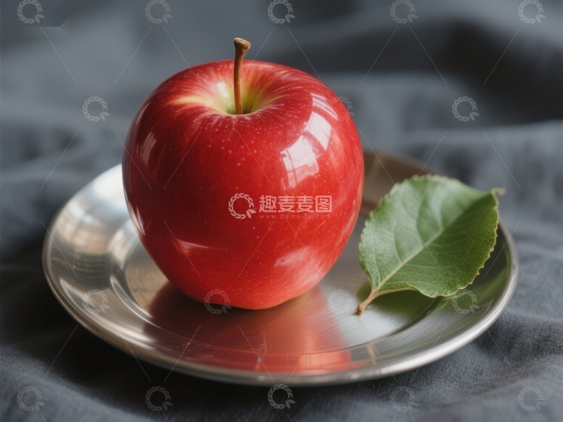 高清大图下载【趣麦麦图】红苹果置于银盘，绿叶相伴