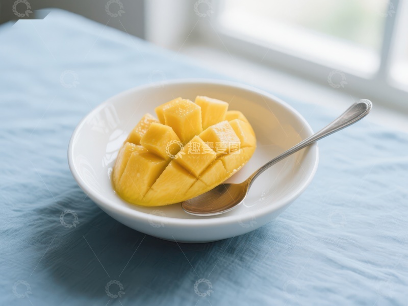 高清大图下载【趣麦麦图】新鲜芒果切块置于白色碟中
