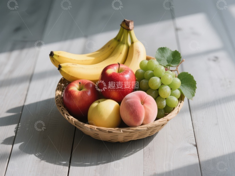 高清大图下载【趣麦麦图】新鲜水果篮，包含苹果、香蕉和葡萄