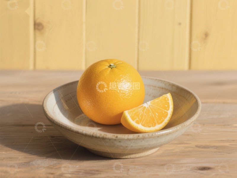 高清大图下载【趣麦麦图】橙子置于木碗中，背景为木质墙面