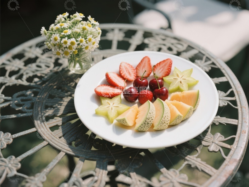 高清大图下载【趣麦麦图】精致水果拼盘置于户外铁艺桌