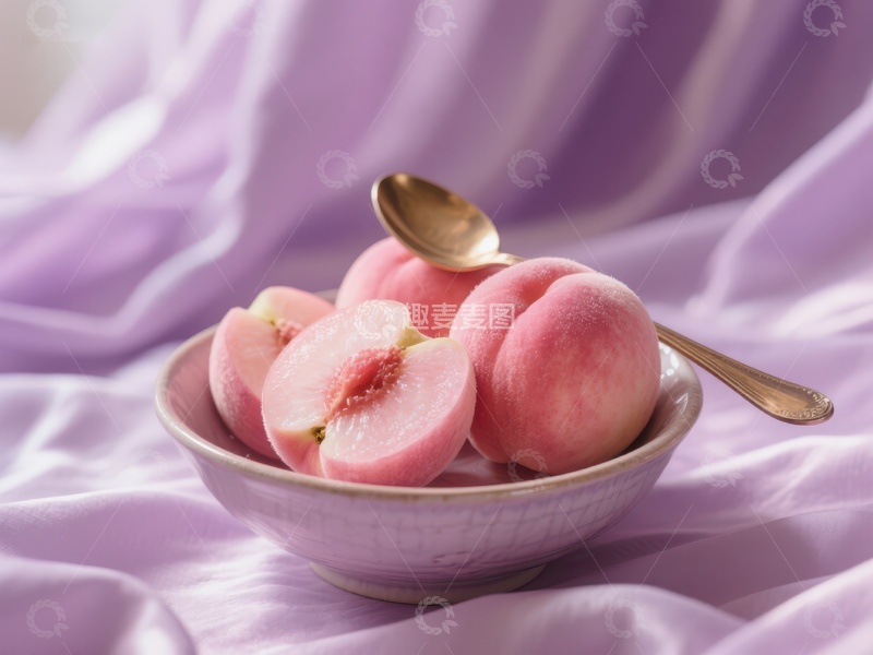 高清大图下载【趣麦麦图】碗中新鲜桃子与金色勺子
