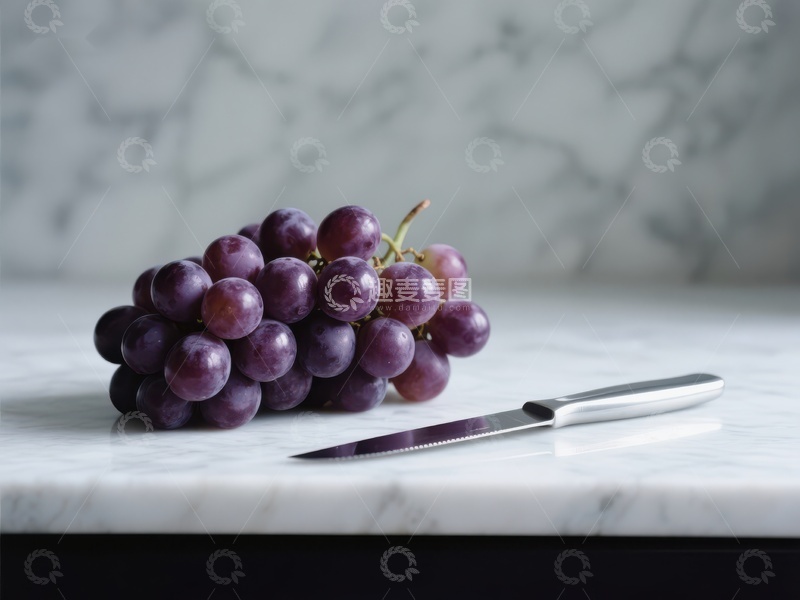 高清大图下载【趣麦麦图】葡萄与刀具静置大理石台面