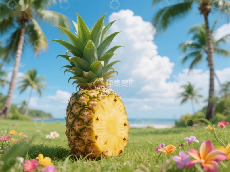 高清大图下载【趣麦麦图】热带海滩上的菠萝与鲜花