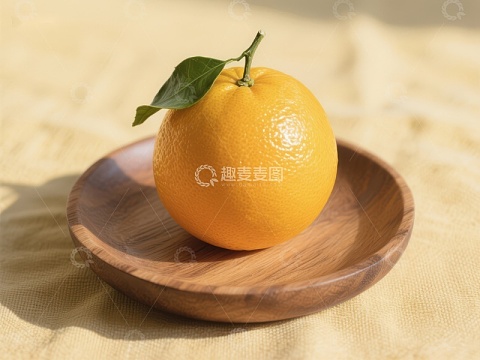 新鲜橙子置于木质盘中
