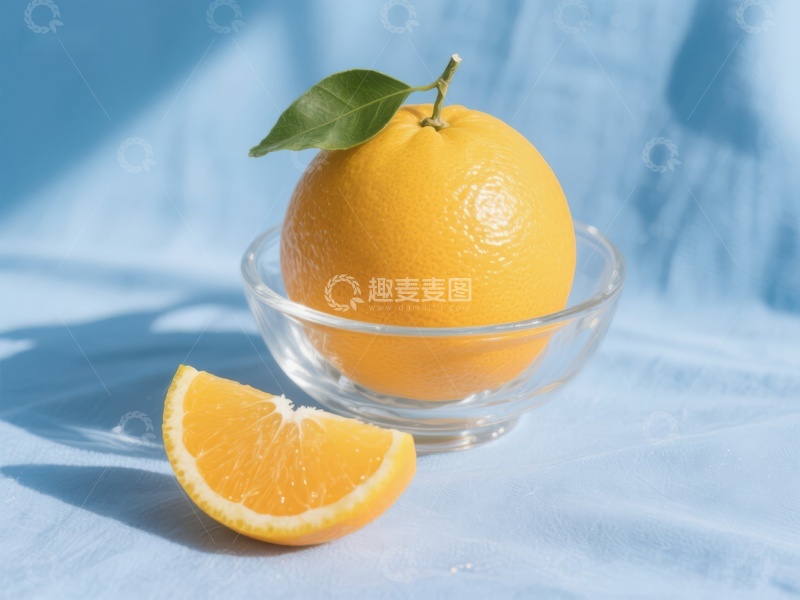 高清大图下载【趣麦麦图】橙子与切片，清新蓝布背景