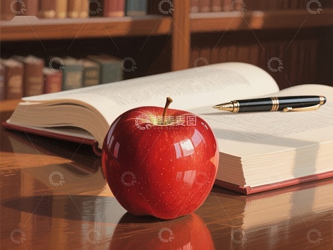书桌上的红苹果与打开的书