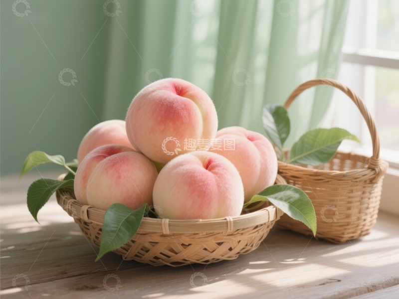 高清大图下载【趣麦麦图】篮中新鲜桃子，窗边自然光