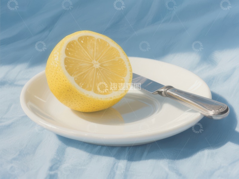 高清大图下载【趣麦麦图】切开的柠檬与刀置于白色盘上