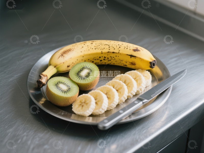 高清大图下载【趣麦麦图】切片香蕉与猕猴桃的金属盘展示