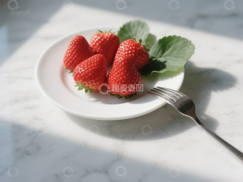 高清大图下载【趣麦麦图】新鲜草莓配绿叶置于白色盘中