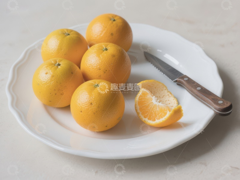 高清大图下载【趣麦麦图】盘中橙子与刀具