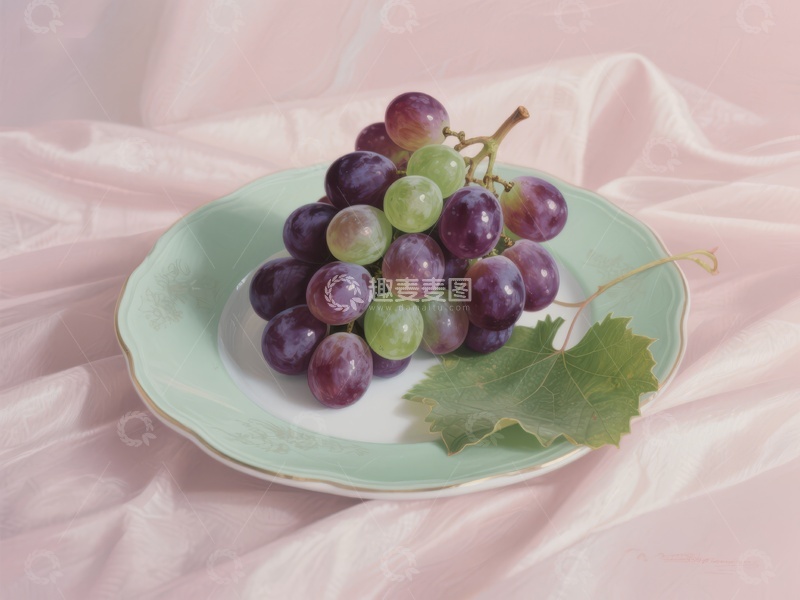 高清大图下载【趣麦麦图】青盘上的葡萄与绿叶
