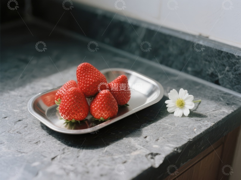 高清大图下载【趣麦麦图】草莓与雏菊的静谧厨房一角