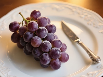 盘中紫葡萄与刀具