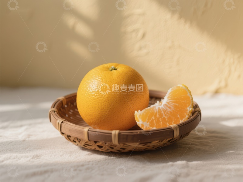 高清大图下载【趣麦麦图】橙子与切片置于竹篮中