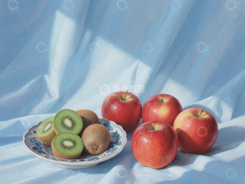 高清大图下载【趣麦麦图】静谧水果盘：苹果与猕猴桃
