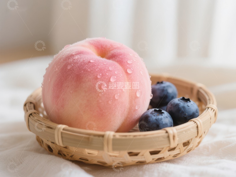 高清大图下载【趣麦麦图】桃子与蓝莓置于竹篮中