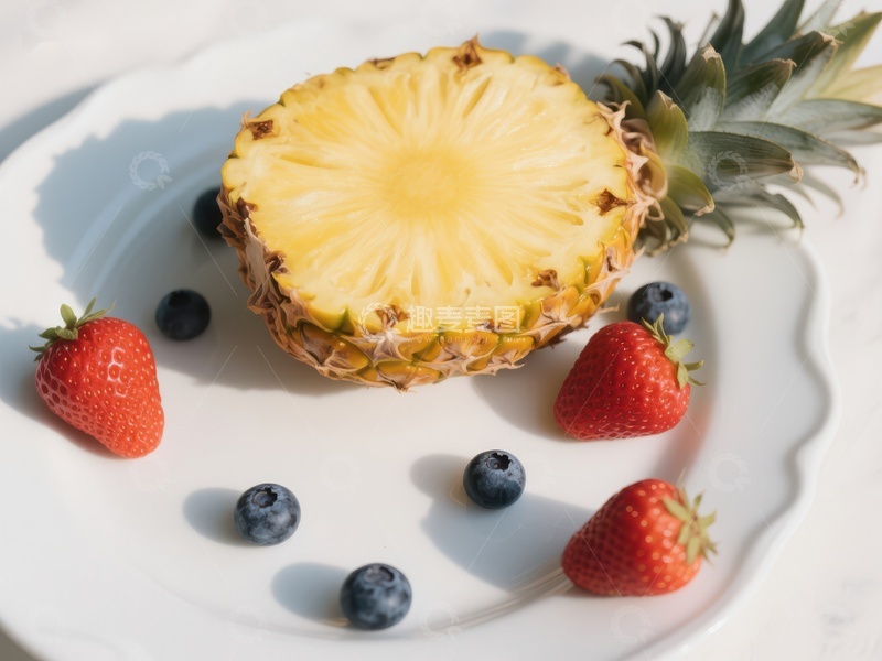高清大图下载【趣麦麦图】新鲜水果拼盘：菠萝草莓蓝莓